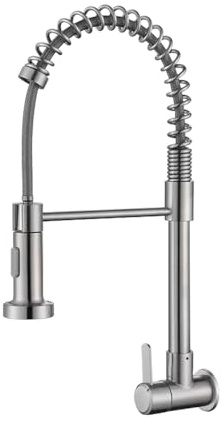 Wall Mount Kitchen Faucet with Pull Down Sprayer Single Handle High Arc Spring Kitchen Sink Faucet Brushed Nickel Stainless Steel Cold Water Only Kitchen Faucets