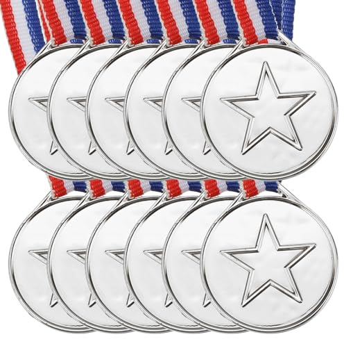 PATIKIL 1,5 Mini Silber Medaillen, 12er Pack Plastik Gewinner Medaillen für 2. Platz Preise mit Band für Tischtennis Spiele, Sportwettbewerbe, Partygeschenke