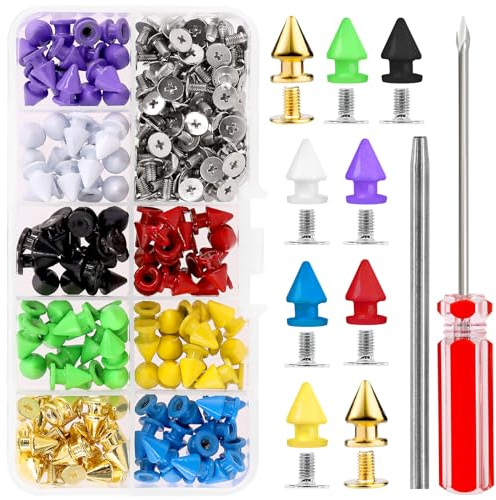 Rustark 120 Sets 12mm Fluoreszierende Bunte Punk Nieten mit Einstellwerkzeug Metall Kegel Spike Nieten Spitzenieten für DIY Leder Handwerk Dekorationen