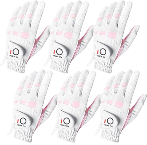 FINGER TEN Women’s Golf Gloves Ladies Left Hand Right Handed Golfer Value 6 Pack, All Weather Rain Grip Glove Pink Fit Small Medium Large XL (6 Pack Pink, Medium, Left)