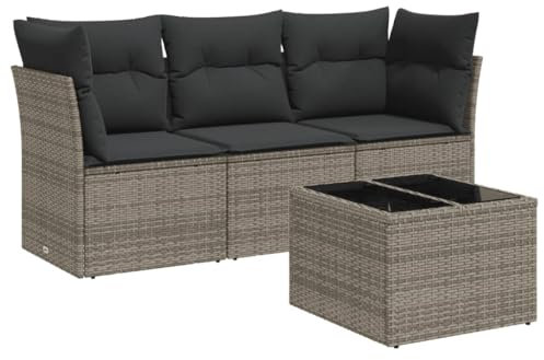 vidaXL Garten Sofa Garnitur 4-TLG., Gartenmöbel Set mit Kissen Stauraum, Sitzgruppe für Garten Terrasse, Modular Gartensofa Lounge, Tisch mit Glasplatte, Grau Poly Rattan