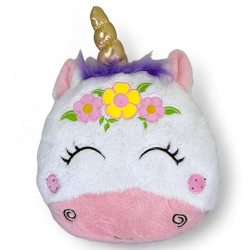 MIJOMA Plüsch-Kuschel-Dekokissen in Einhorn-Form, Weißes, Gesticktes Süßes Einhorn mit Lila Mähne und Glänzendem Metallischen Stoffhorn, 28x25x10 cm - Das perfekte Einhorngeschenk
