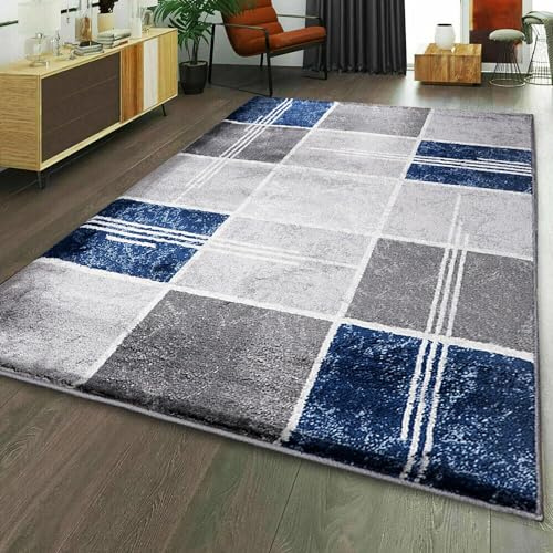 Rugstore shop ltd Rug Waves Modern Design Navy Blue & Grey Rugs Living Room Extra Large Size Soft Touch Short Pile Style Carpet Area Rugs Non Shedding-80 x 150 cm