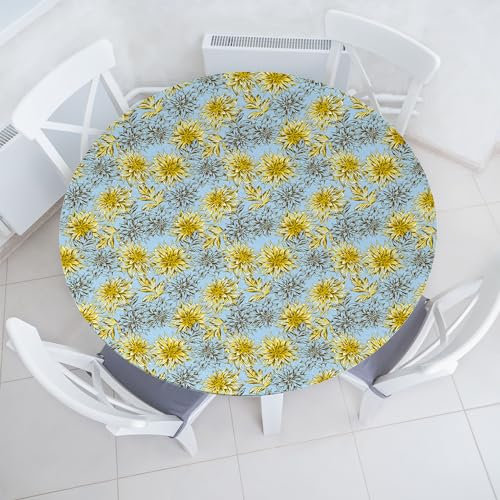 ABAKUHAUS Blumen Elastisches Rundtischtuch, Gelbe Dahlien Drucken, Rundum-elastische Stofftischdecke, 114 cm - 142 cm, Blassblau Gelb