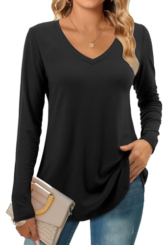 Beluring Longshirt Damen Elegant Langarm Oberteile V-Ausschnitt Einfarbig Lang Tshirt Schwarz XL