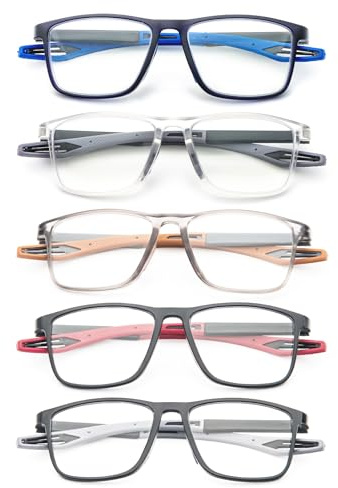 KoKoBin 5 Pack Sport Lunettes de lecture ultra légères Lunettes de lecture carrées flexibles pour femmes et hommes Anti lumière bleue Ordinateur Reader