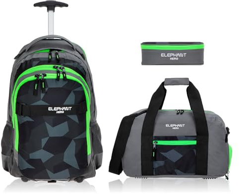 Elephant 3 Teile Set Trolley Schultrolley Rucksack 12771 Cyber Grün TSM | Schultrolley Schulranzen Trolly Jungen Mädchen Rucksacktrolley Box Schulsporttasche Rcsack mit Rollen Schultasche