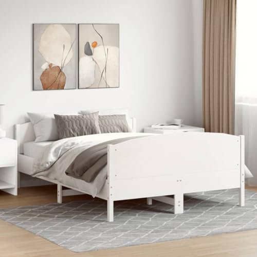 THOYTOUI Massivholzbett mit Kopfteil Weiß 135x190 cm Kiefer, Bettrahmen Bett Bettgestell Doppelbett Geeignet für Gästezimmer Studentenwohnheim Hotels Schlafzimmer