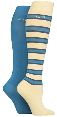 ELLE Womens Knee High Socks - Colourful Soft, Cooling and Breathable Bamboo Striped and Plain Knee High Socks in a Multipack of 2 Size 4-8 Storm