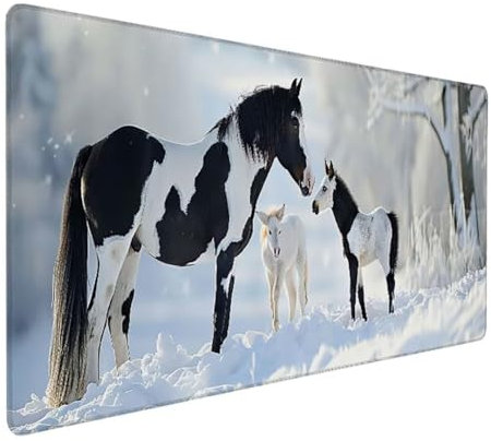 BEIJUYHU Mauspad XXL, Gaming Mauspad 700x300x3 mm, Großes Mauspad mit Genähten Kanten, rutschfeste Desk Mat, Verlängertes großes Mauspad Schreibtischauflage für Büro und Zuhause Schnee Pferd R - E