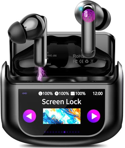 QXUFV Wireless Earbuds Bluetooth 5.4 Headphones In Ear with Smart Touch Screen, Bluetooth Earphones with HD Mic HiFi Stereo Sound, Deep Black