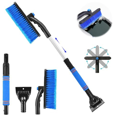 langyoujia Auto Eiskratzer mit Besen, 3-in-1 Mixer Auto Eiskratzer, Auto Eiskratzer mit Drehbürstenkopf und Einziehbarer Schaumstoffgriff für Auto, LKW, SUV (Blau)