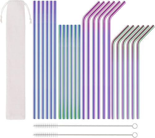 Pajitas de acero inoxidable, reutilizables de acero inoxidable, 24 pajitas de colores, de metal, con 2 cepillos de limpieza y 1 bolsa de almacenamiento, pajitas curvas rectas respetuosas con el medio