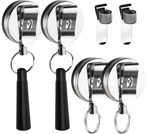 4 Pcs Porte Stylos, Porte Crayon Bureau Rétractable Heavy Duty avec Cordelette 65cm, Clip Stylo Silicone et Métal, pour Charpentiers Architectes Serveurs Employés Bureau Médecins Infirmières, 2 Styles