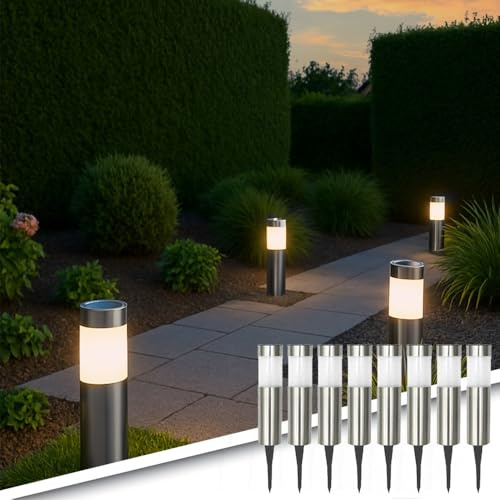RexTech Solar LED Gartenleuchten aus Edelstahl, Warmweiß, 8 Stück, Wegbeleuchtung für Garten und Einfahrt