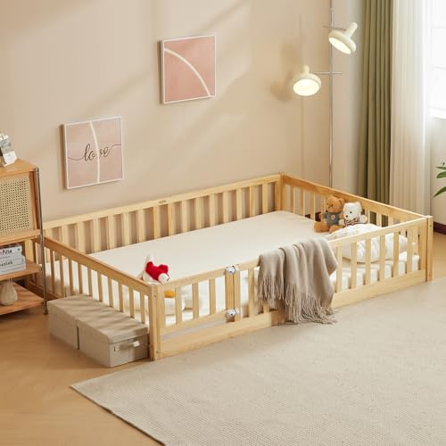 LALAHO 2-in-1 Bodenbett Montessori-Kinderbett mit Türrahmen（Natur） | Herausfallschutz & Lattenrost, Gitterbett – Kinder-Jugendbett Einzelbett, weiß 140×200 – bis zu 300 kg Tragfähigkeit