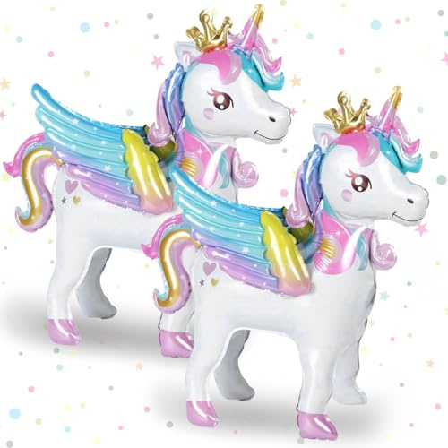 Einhorn Luftballons, 2 Stück XXL Einhorn Folienballon, 3D Einhorn Deko Heliumballon, Einhorn Ballon Stehend mit Flügeln, Einhorn Deko Kindergeburtstag, Unicorn Ballon Deko für Mädchen Kinder