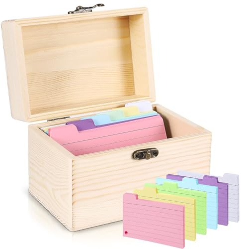 Scatola Portaricette in Legno 10,5x15 cm con 150 Schede, Organizzatore per Appunti con Divisori a Colori, Idea Regalo per Cucina e Matrimonio