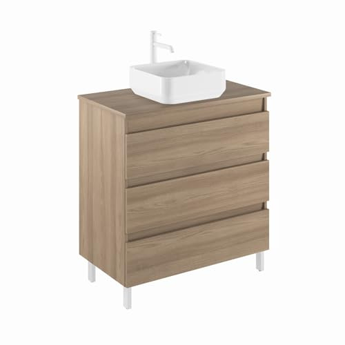 AMIZUVA – Conjunto de Mueble de Baño y Lavabo, de Cerámica, con 3 Cajones y Encimera, Modelo Kena Top, Medidas, 80 cm de Ancho, 74 cm de Alto, y una Profundidad de 45 cm, en Acabado Nogal