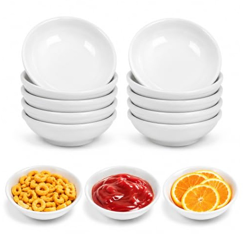 WeeGoo 10 Pcs White Mini Ceramic Dipping Dish, Dip Bowls, 7.5x2.5 cm | Reusable, Easy to Nest, Round Soy Sauce Dish, for Ketchup Sushi Snack Spice Sauce