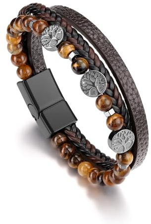 JSDDE Bracelet Arbre de Vie en Cuir Perles Oeil de Tigre pour Homme Bracelet Multicouche en Cordon Cuir Tressé Breloque Arbre Hématite Bijoux Protection Force Amulette Cadeau Copain Père Anniversaire