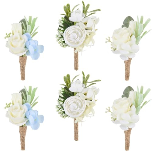 CRASPIRE 6 pz 3 Stili Fiore All'Occhiello dello Sposo Panno di Seta Bianca Rosa Artificiale Colorata Bouquet Floreale Sposo Accessori per Balli di Fine Anno per Matrimonio Sposa Damigelle d'Onore