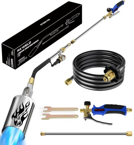 RX WELD Adjustable Propane Weed Torch - High Output 1,800,000 BTU with 10FT Hose, Flame Control and Turbo Trigger Push Button Igniter for Garden Wood Ice Snow Road (BLUE-Curved Spout)