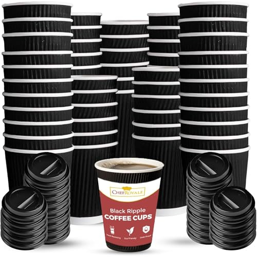 CHEF ROYALE 50x 8oz Disposable Coffee Cups with Lids - Insulated Triple Walled Takeaway Cofffee Cups - Disposable Cups for Hot and Cold Drinks - Ripple Cups for Christmas, Birthdays Parties
