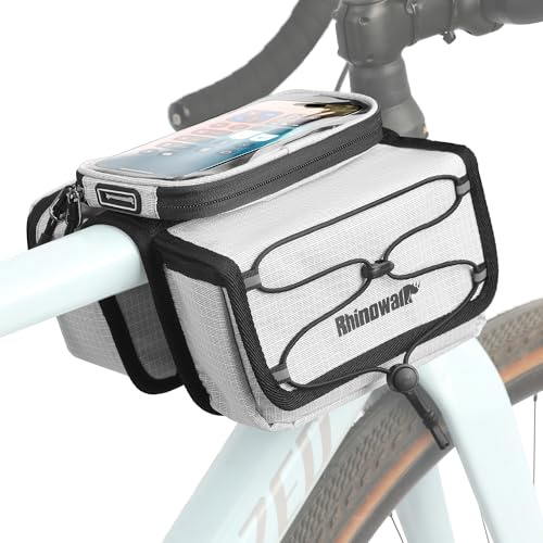 Rhinowalk Fahrrad Rahmentasche mit Handyhalter – Wasserdichte Oberrohrtasche mit Regenschutz, Doppelseitige Aufbewahrung mit Reißverschluss & Magnetverschluss, Touchscreen Handyhülle bis 7 Zoll (Weiß)