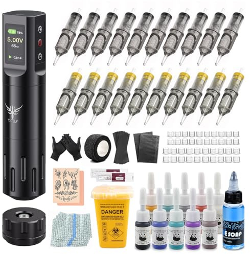 TATELF Kabelloser Maschine Set, Body Art Set mit RCA für Anfänger | 10 Tinten 20 Nadeln & Akku LCD Display Komplettes Zubehör für präzises Hautpigmentieren &Schattieren im Studio oder zu Hause