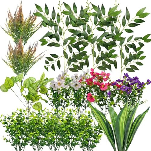 Vndnsy 16 plantas y flores artificiales para decoración al aire libre, vegetación artificial resistente a los rayos UV, tallos de margaritas coloridas, helecho de Boston, para exteriores, hogar