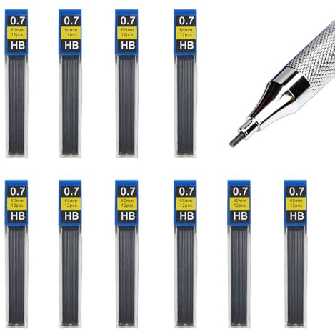 Cyberwork Mina per Matita Meccanica HB da 0,7 mm, Resistente alla Rottura, Mina Minerale Liscia, Confezione da 10, 12 Matite per Confezione, Adatta per Scrivere e Disegnare