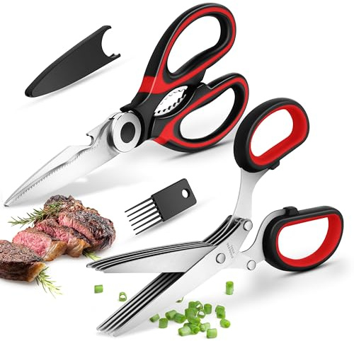 Tijeras de Cocina: Con Tijeras Para Hierbas, Acero Inoxidable Afilado Con Tapa Protectora, Adecuadas Para Cortar Huesos, Pollo, Carne, Pescado, Verduras, Cebollas y Perejil