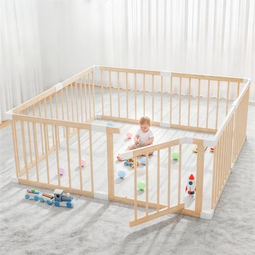 Baby Laufstall Holz mit Tür, Laufgitter für Babys & Kinder 135×135×61 cm