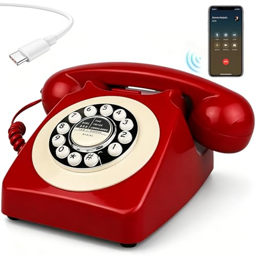 Teléfono Fijo Bluetooth Retro con Auricular, Teléfono de Escritorio Giratorio Antiguo Recargable por USB Compatible con Móviles para Hogar, Oficina y Dormitorio (A5)