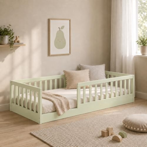 CADANI Timi Bodenbett 90x200 cm, bis 200 kg belastbar, Rausfallschutz abnehmbar, Montessori Kinderbett aus Kiefer Massivholz inkl. Roll-Lattenrost, Pistachio
