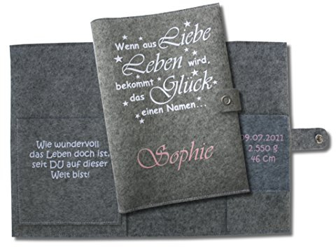 U-Heft Hülle Deluxe „„Wenn aus Liebe Leben wird...“ mit Namen und Geburtsdaten sowie zwei Fächern und Verschluss - aus 100% Wollfilz - in deutscher Handarbeit gefertigt - Grau/Rosa