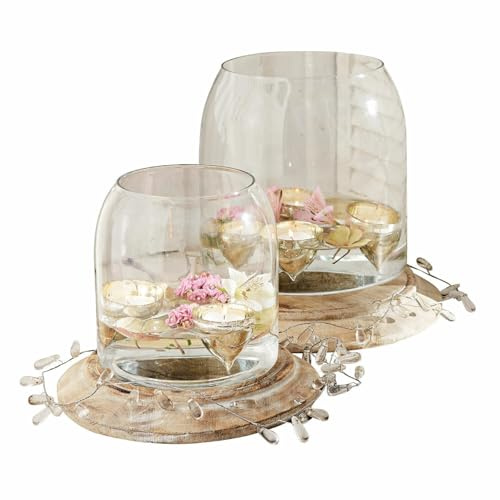 Loberon Windlicht 2er Set Bran, von Hand gearbeitet, mundgeblasen, Zwei Größen, für Stumpenkerzen, Kerzenhalter, Dekoration, Glas, Mangoholz, klar/antikbraun