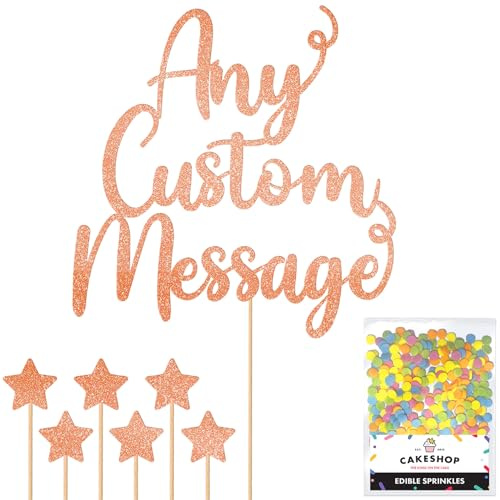 Any Text Personalised Glitter Cake Topper - Rose Gold Name, Age, Words Glitter Cake Decoration and Sprinkles - Happy Birthday Decorations - Personalised Toppers for Cakes by Cakeshop