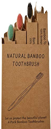 Onlineforu LTD Bamboo Toothbrushes – 4 Pack Wooden Toothbrushes with Soft Bristles & Biodegradable Handles – Multi Colour Brushes for Adults & Family Oral Care