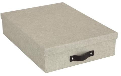 BIGSO BOX OF SWEDEN dokumentlåda för A4-papper, broschyrer etc. – skrivbordsfack med lock och handtag – förvaringslåda av fiberskiva och papper i linneutseende – beige