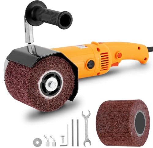 MXBAOHENG 2800W Elettrica Lucidatrice per Trafilatura 6 Velocità regolabile Spazzolatrice Legno Smerigliatrice a Rulli Elettrica Smerigliatrice per rasatura a con 2 ruote di lucidatura (giallo）