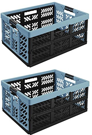 2X Stabile Profi Klappbox 45L - 54 x 37 x 28 cm - Einkaufskiste klappbar mit Soft-Griffe - Transportkiste stapelbar, Blau/Graphit