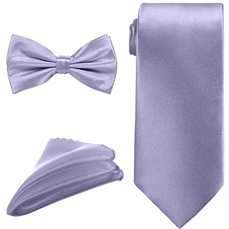 Trimming Shop Men’s Satin Tie Set Necktie Bow Tie Pocket Square Solid Colour Formal Wedding Prom Business Party Classic Suit Accessories Gift Set for Him Stylish Matching Set