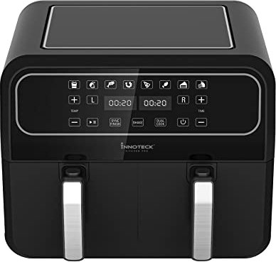 Innoteck Kitchen Pro 8L Dual Basket Air Fryer - Digital LED Display with 8 Pre-Set Cooking Programs - Air Frying, Roast, Dehydrate, Bake, & Reheat - 1700W - Oil-Less Cooking, Shake Reminder - Black