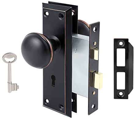 Toptotoo Mortise Lock Set for Interior Door, Vintage Antique Door Knobs with Lock and Skeleton Key, Old Door Knob Replacement Fits 1-3/8 in 1-3/4 in, Classic Oil Rubbed Bronze Finish