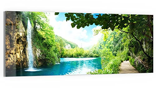 DEQORI Glasbild Echtglas | Motiv Wasserfall im grünen Wald | horizontal einteilig 125x50 cm | schöne Dekoration | Wandbild für Wohnzimmer, Schlafzimmer, Flur & Küche | moderne Wanddeko