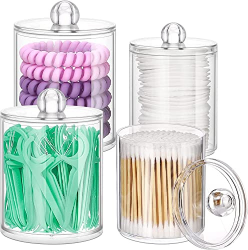 OWAYOTO Cotton Bud Holder 10 Oz Bathroom Jars with Lids Small Cotton Swab Ball Pad Holder Makeup Organizer Containers Dispenser for Cotton Ball Swab Pad Cotton Pad Holder 4pcs