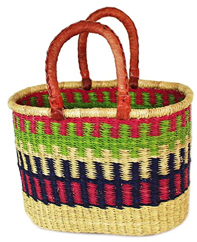mitienda mit Liebe gemacht Kleiner Korb aus Steppengras Oval Ghana, lila rosa, Picknickkorb, Einkauftasche, Handmade