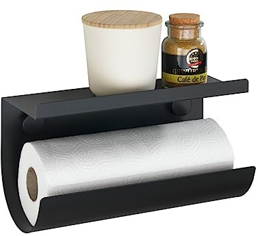 WENKO Küchenrollenhalter Mod. Jet platzsparend hängend minimalistisch für Küchenrolle aus Metall mit Ablage zur Wandmontage ohne Bohren oder mit Schrauben Static-Loc Adapter schwarz 30 x 15 x 12 cm